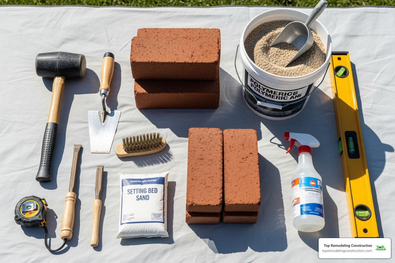 essential tools and materials neatly laid out for a patio project - redo brick patio essential tools and materials neatly laid out for a patio project - redo brick patio