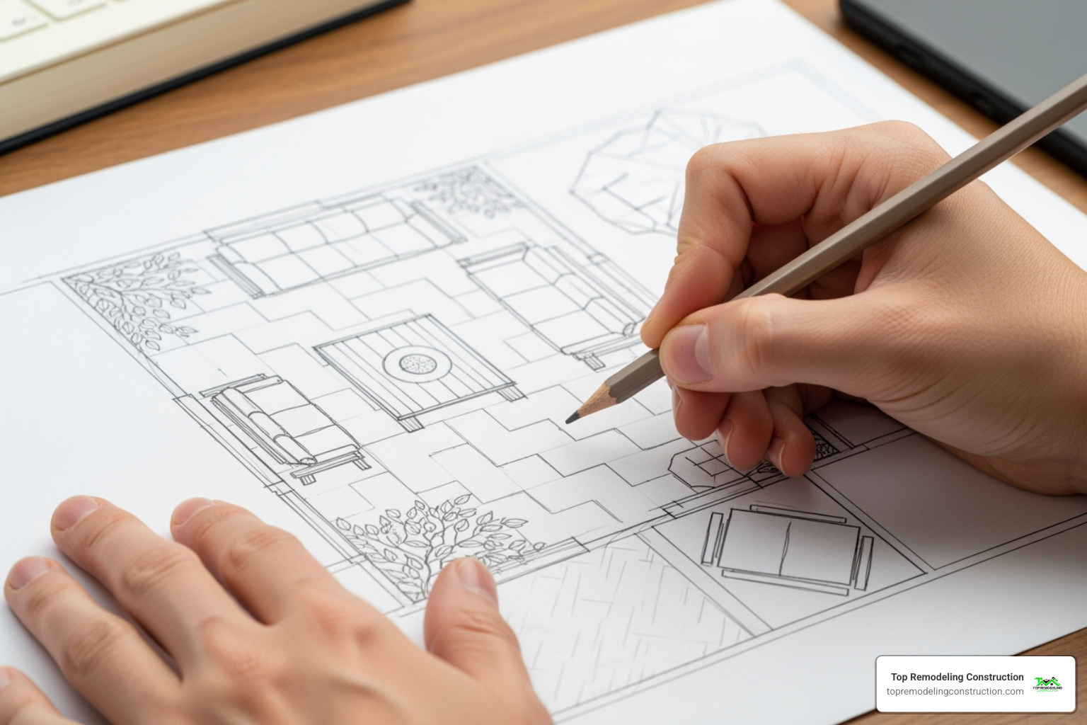 person sketching patio design - Brick patio installation person sketching patio design - Brick patio installation