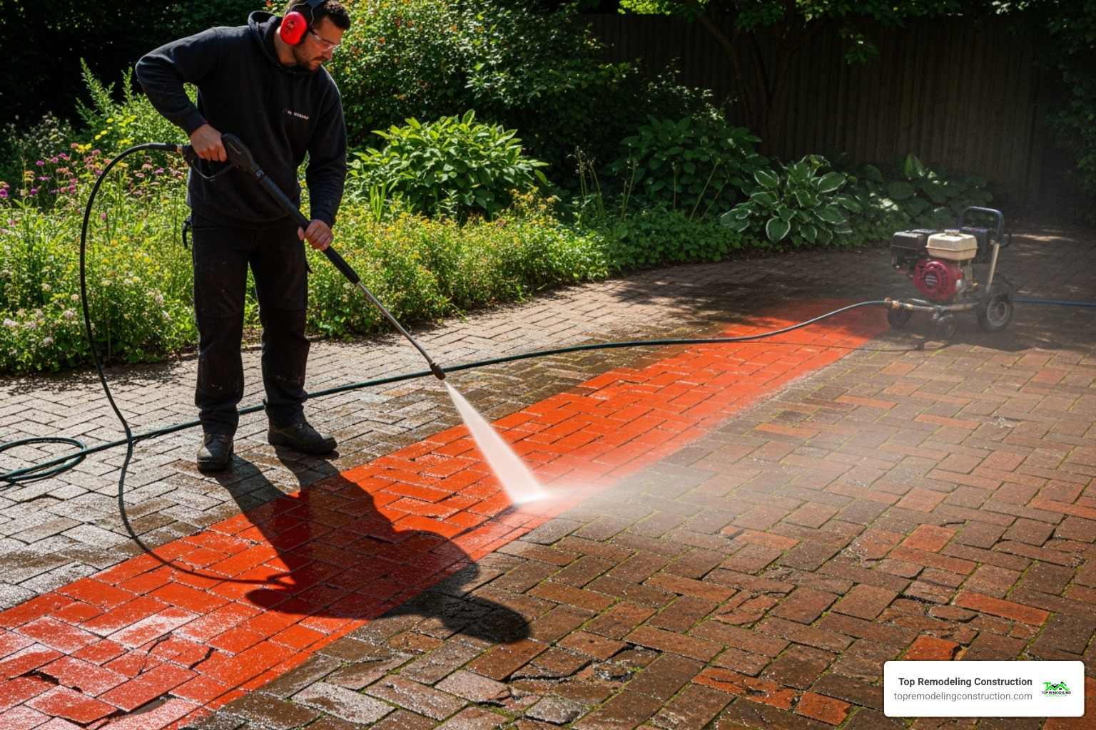 person power washing brick patio - Brick patio installation person power washing brick patio - Brick patio installation