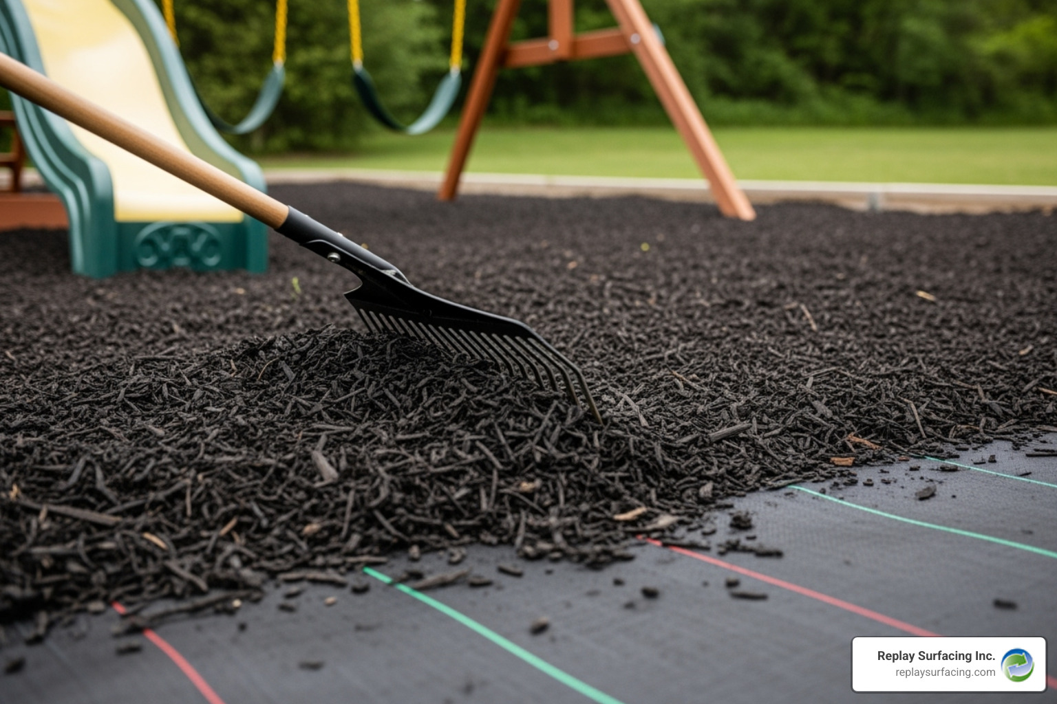 Rubber mulch being spread with a rake over landscape fabric in a backyard playset area. - rubber mulch Charlotte