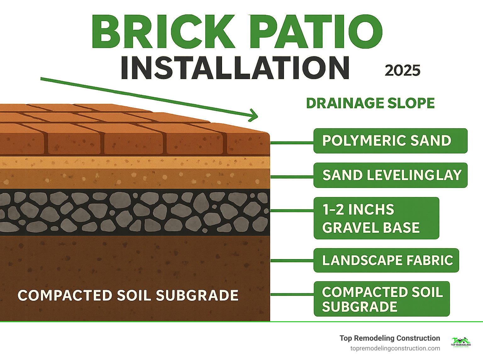 Detailed cross-section diagram showing the layers of a proper brick patio installation from bottom to top: compacted soil subgrade, landscape fabric, 4-6 inch gravel base layer, 1-2 inch sand leveling layer, brick pavers, and polymeric sand joints with proper drainage slope indicated - Brick patio installation infographic Detailed cross-section diagram showing the layers of a proper brick patio installation from bottom to top: compacted soil subgrade, landscape fabric, 4-6 inch gravel base layer, 1-2 inch sand leveling layer, brick pavers, and polymeric sand joints with proper drainage slope indicated - Brick patio installation infographic