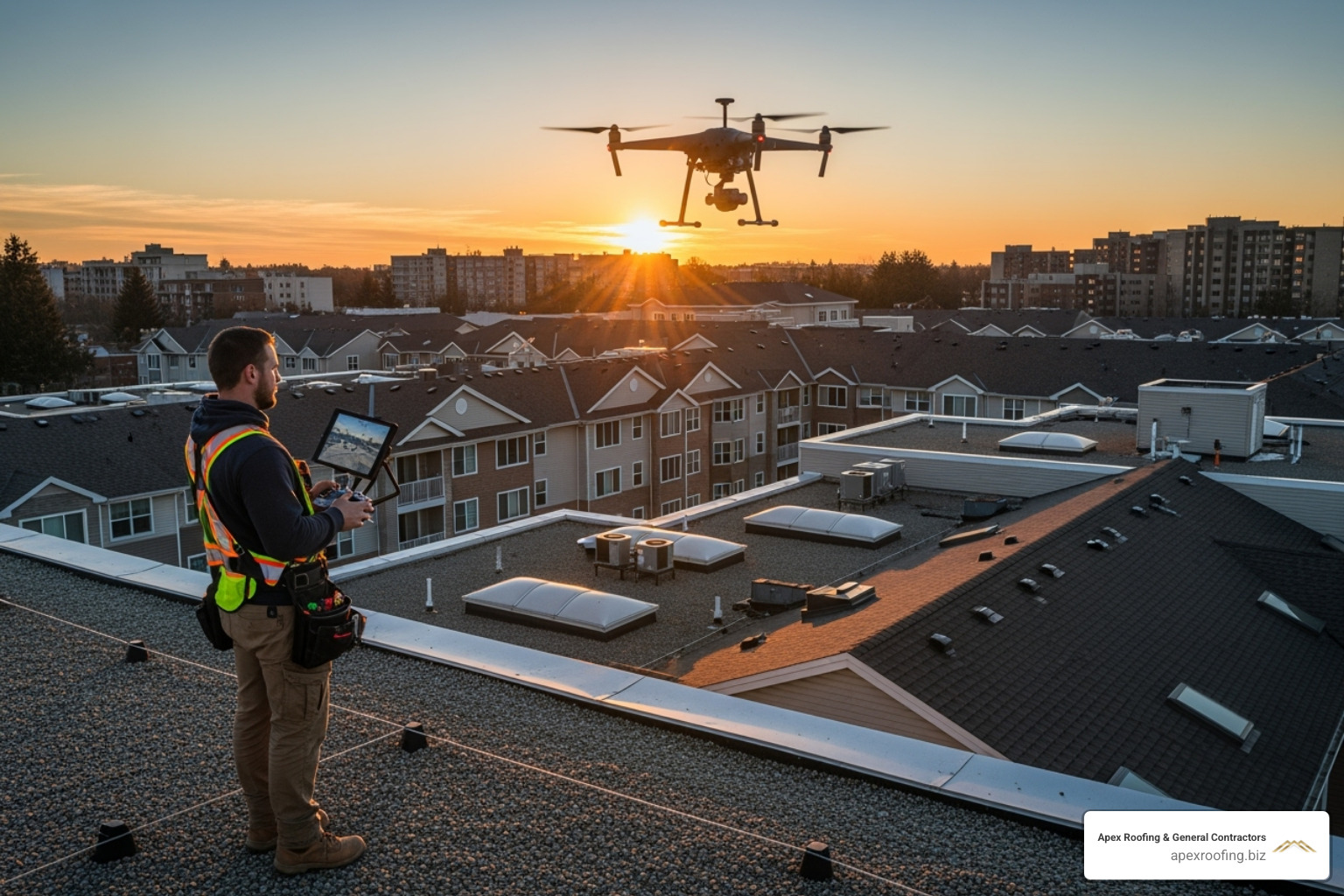 Roofer using a drone to inspect a large multi-family roof - HOA roofing services