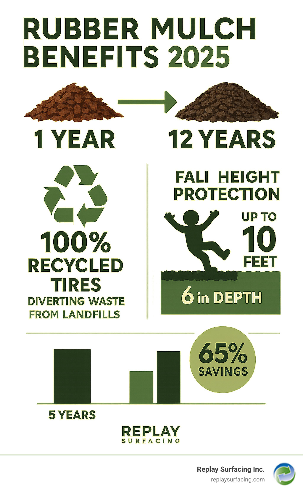Infographic showing rubber mulch benefits: 12-year lifespan vs 1-year wood mulch replacement cycle, 100% recycled tire content diverting waste from landfills, fall height protection up to 10 feet at 6-inch depth, and cost comparison showing 65% savings over 5 years - rubber mulch Charlotte infographic 