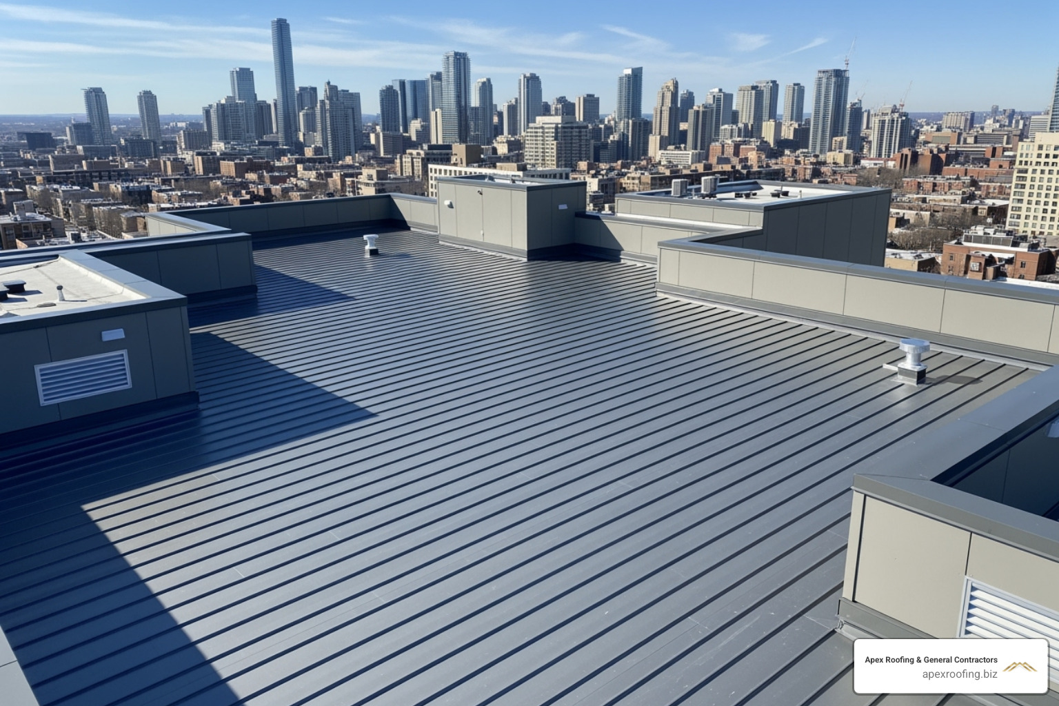 of a standing seam metal flat roof on a modern condo building - Flat roof apartment