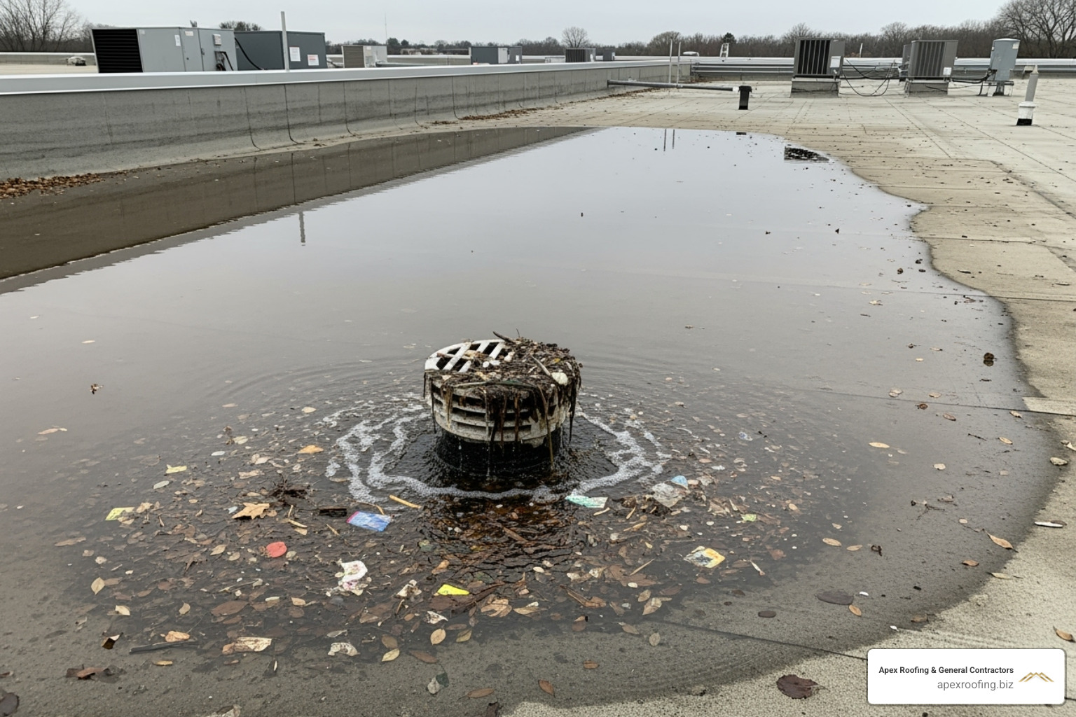 of ponding water on a flat roof next to a clogged drain - Flat roof apartment