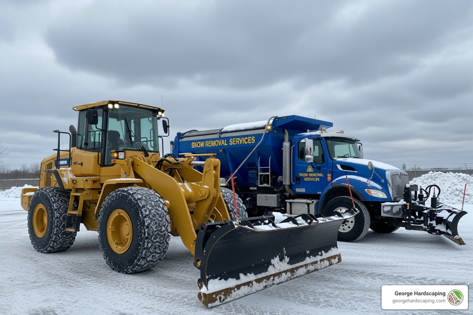 A fleet of professional commercial snow removal equipment, including a loader and salt truck, ready for a winter storm. - commercial property snow removal A fleet of professional commercial snow removal equipment, including a loader and salt truck, ready for a winter storm. - commercial property snow removal