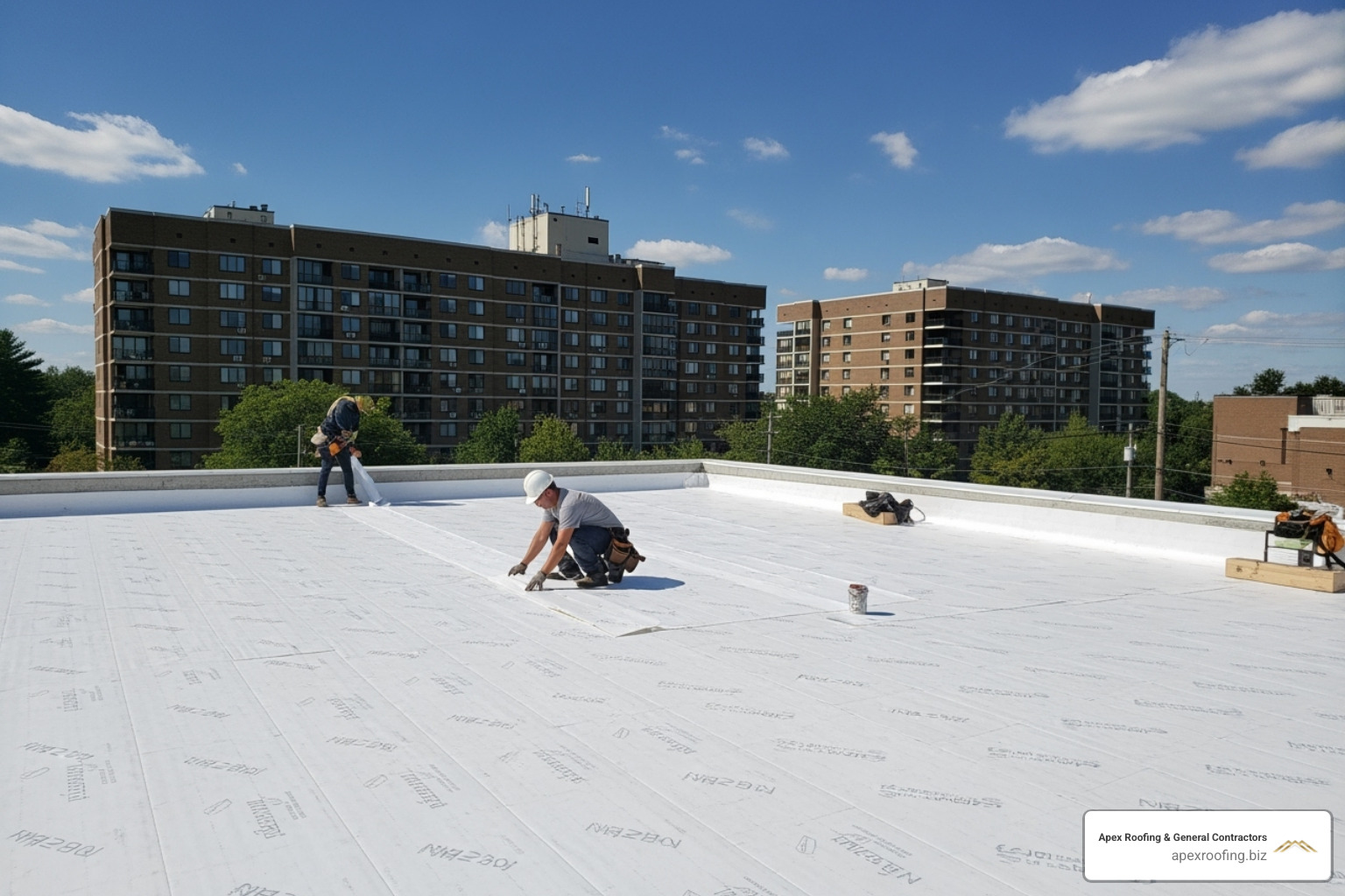 of a roofer installing a white TPO membrane on a large apartment building - Flat roof apartment