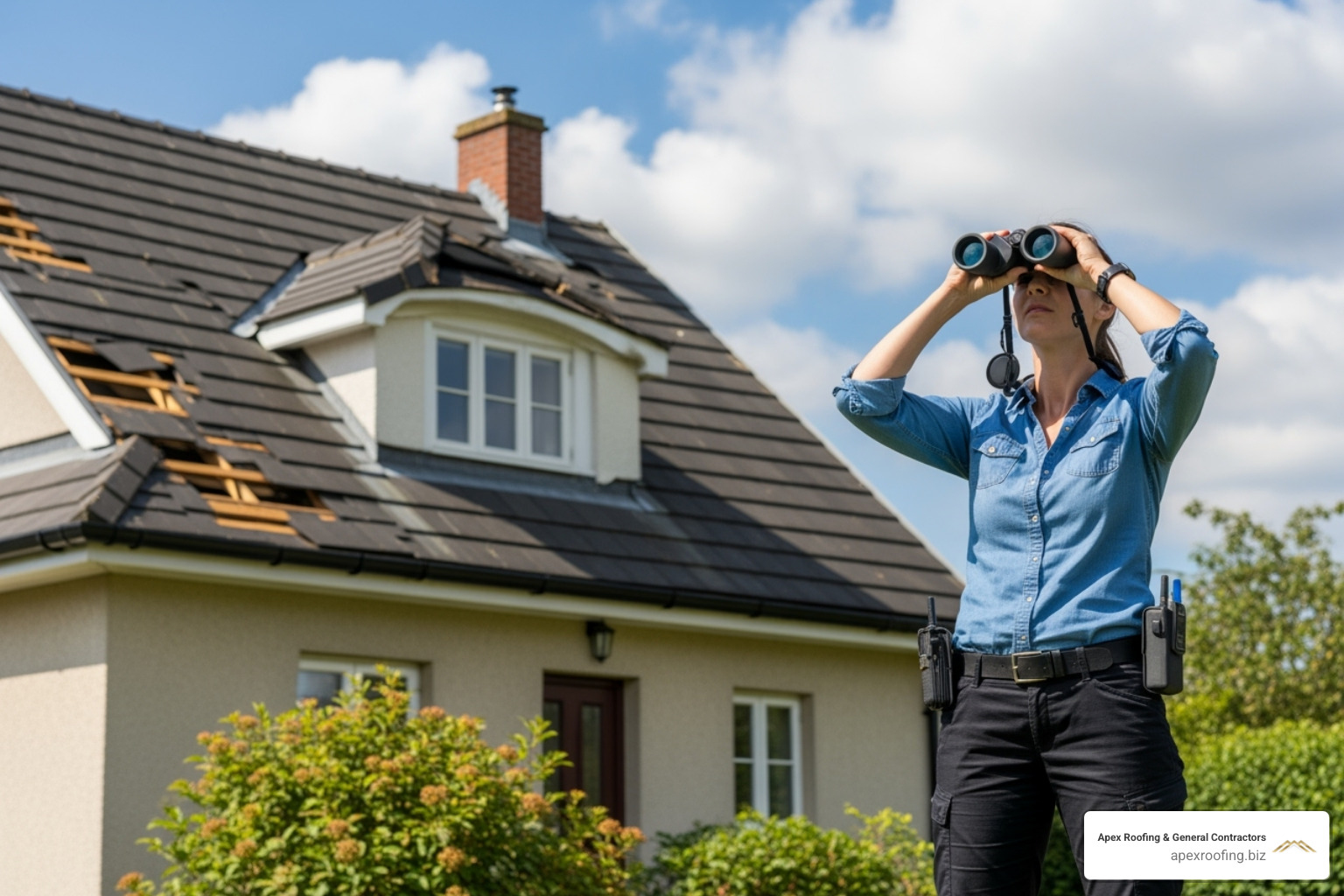 person inspecting roof from ground with binoculars - handyman roof repair