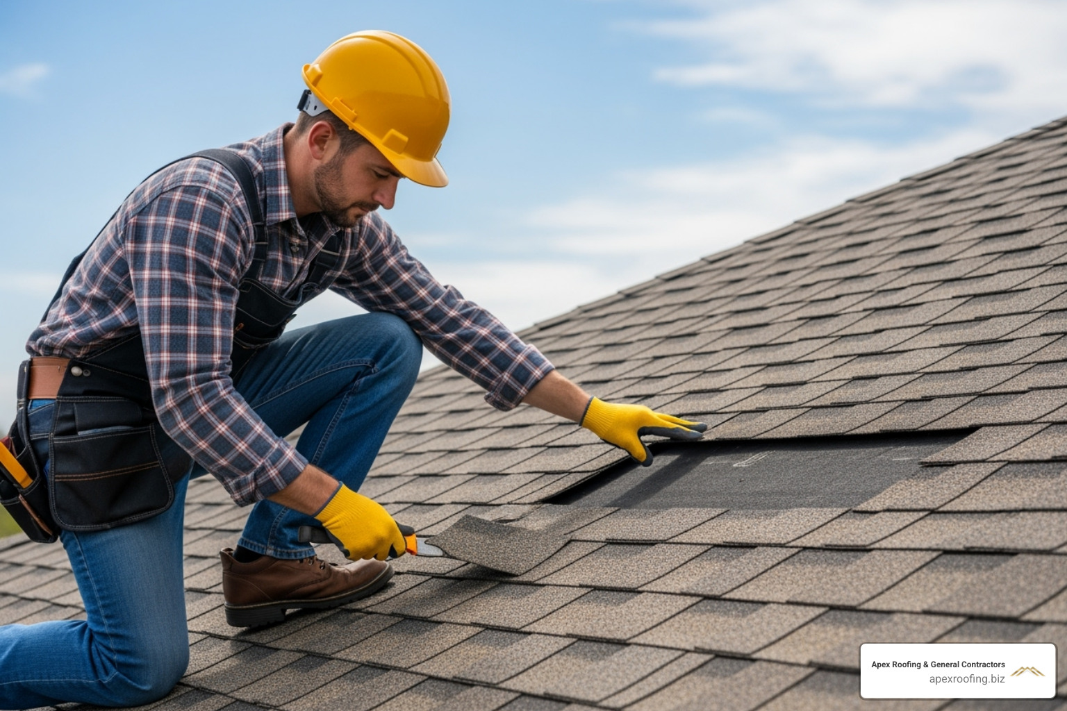 handyman safely replacing single asphalt shingle - handyman roof repair