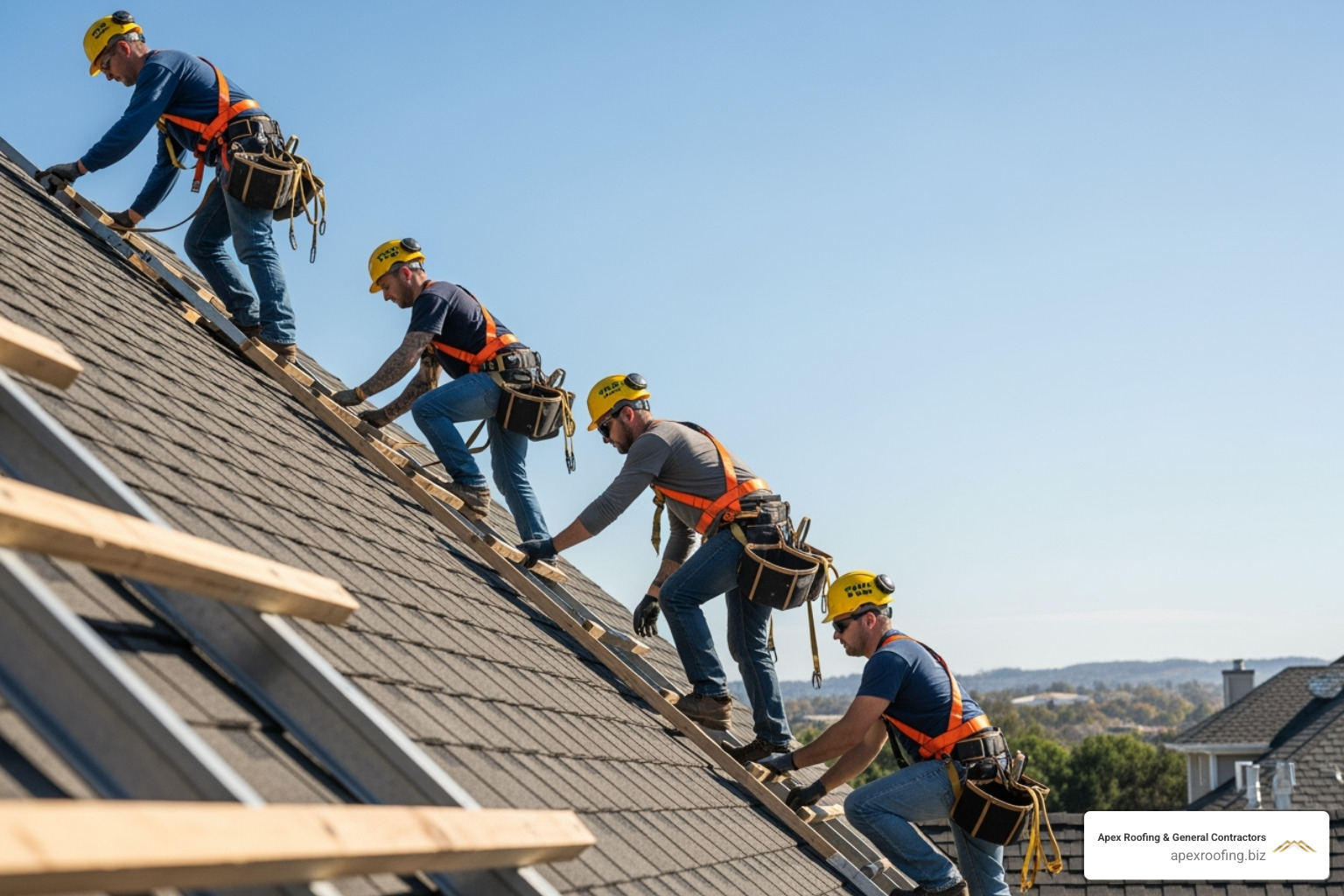 professional roofing crew working on steep roof with safety gear - handyman roof repair