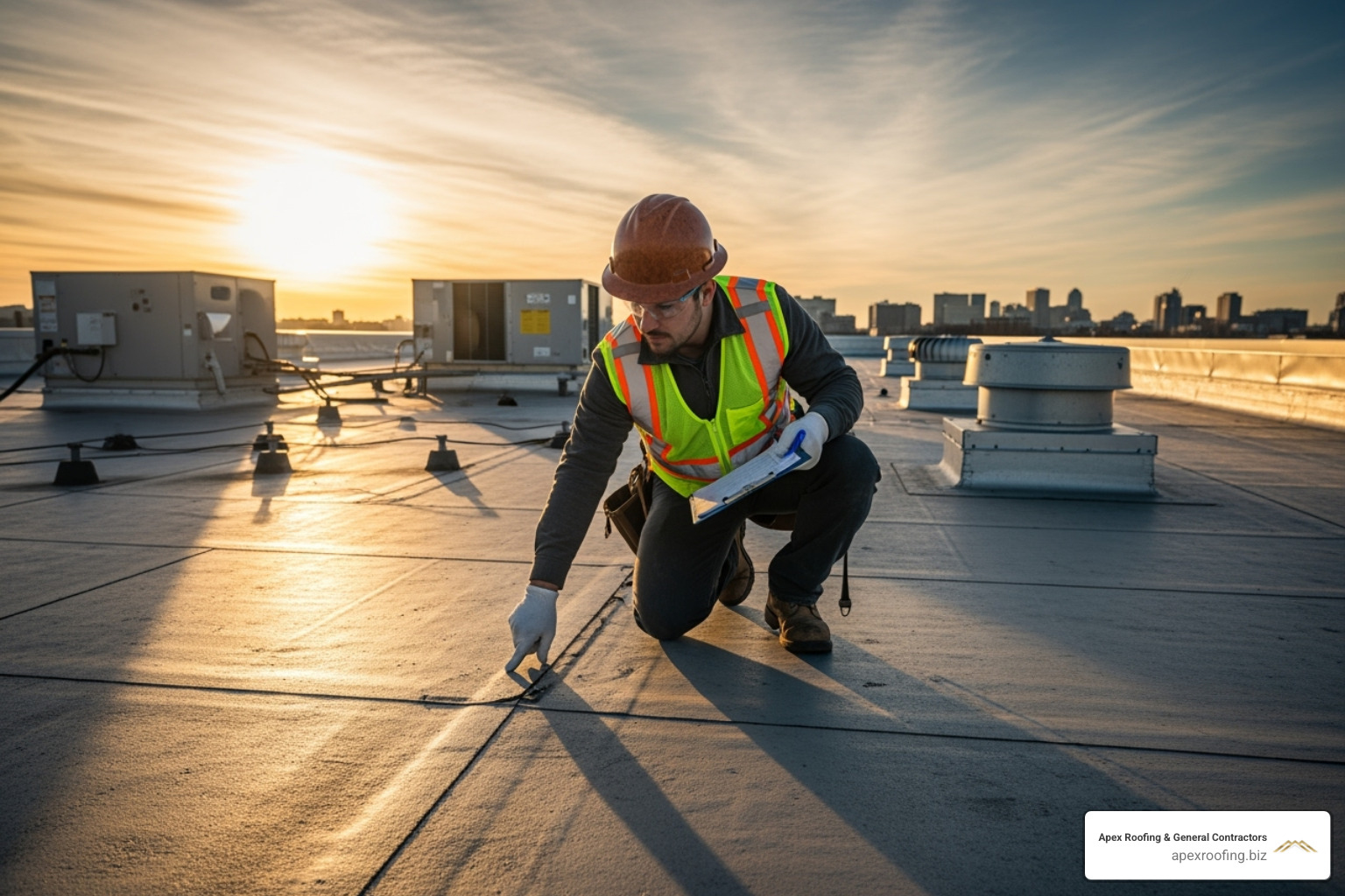 professional roofer inspecting a commercial flat roof - Apartment roof maintenance