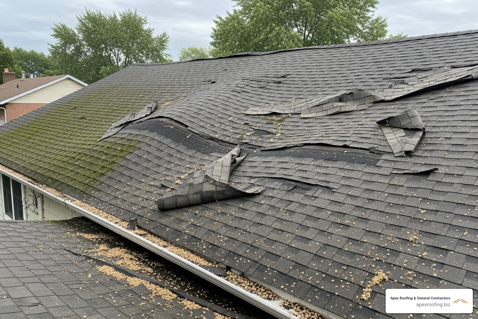 curling shingles and a sagging roofline - roof repair handyman near me
