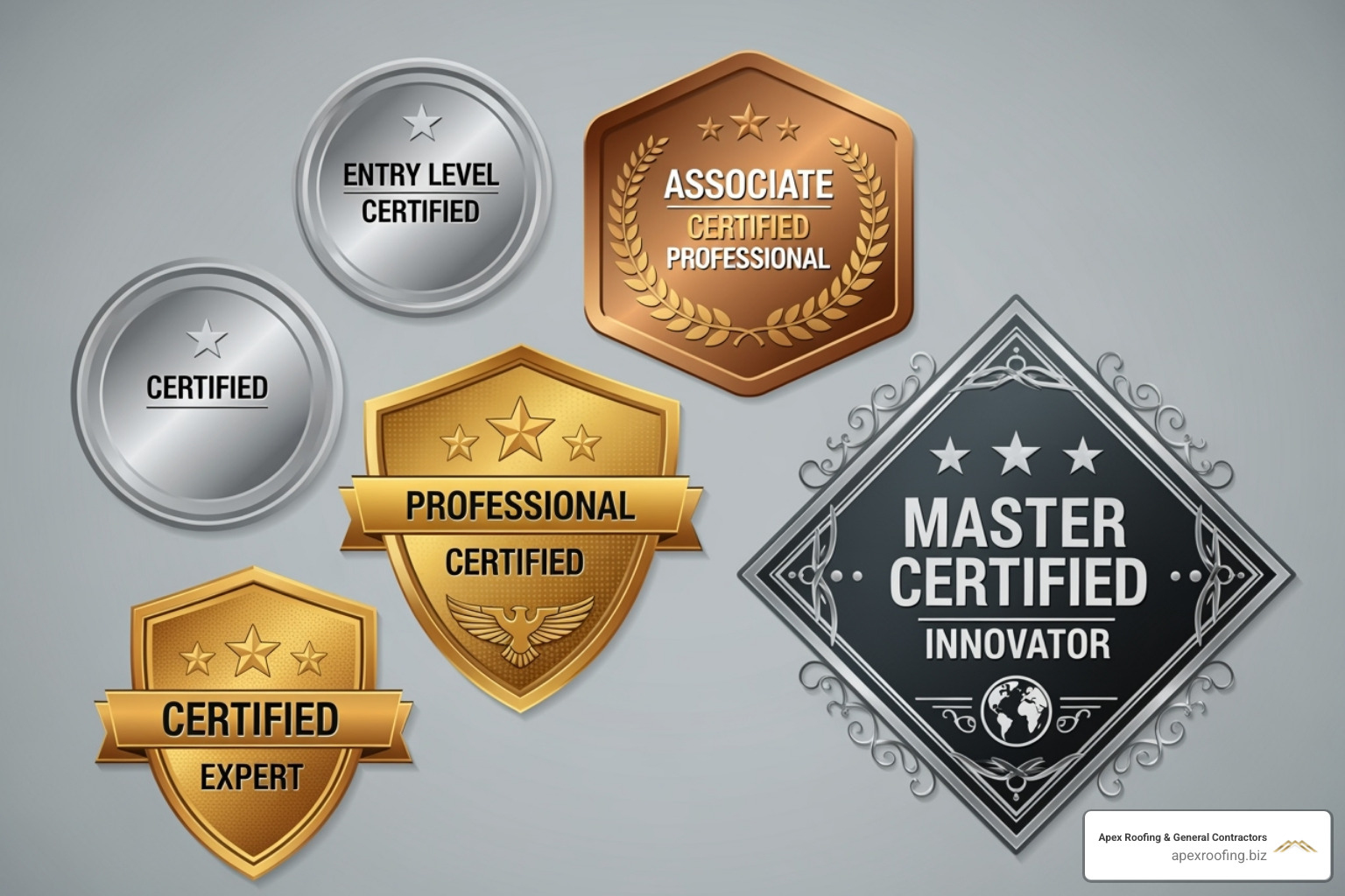 GAF certification logos arranged in a hierarchy, from Certified to PlatinumElite - Certified commercial roofing