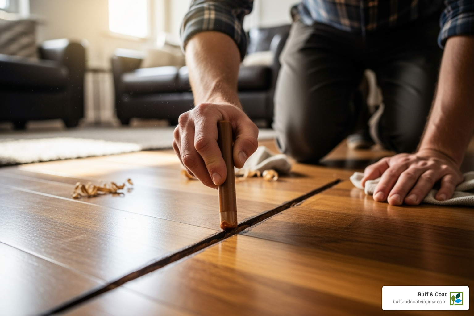 A person using a wax stick to fill a gouge in a wood floor, carefully pressing the wax into the damaged area - hardwood floor scratch filler A person using a wax stick to fill a gouge in a wood floor, carefully pressing the wax into the damaged area - hardwood floor scratch filler