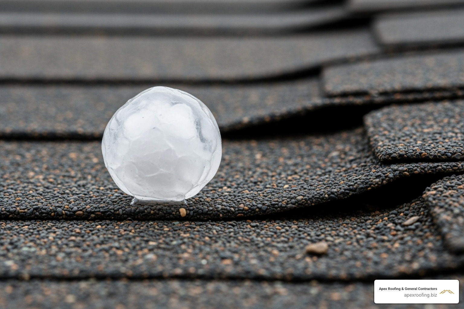 A hailstone next to a damaged shingle - San Antonio roofing company