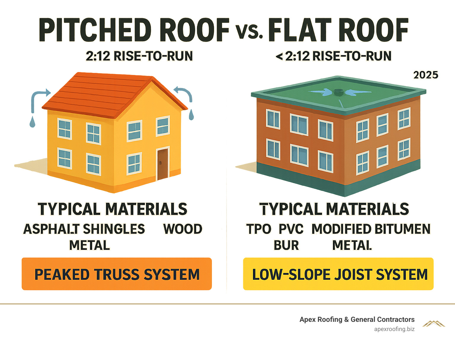 Infographic showing comparison between pitched roof (greater than 2:12 rise-to-run ratio) and flat roof apartment systems (less than 2:12 rise-to-run ratio), including drainage patterns, typical materials used, and structural differences - Flat roof apartment infographic 