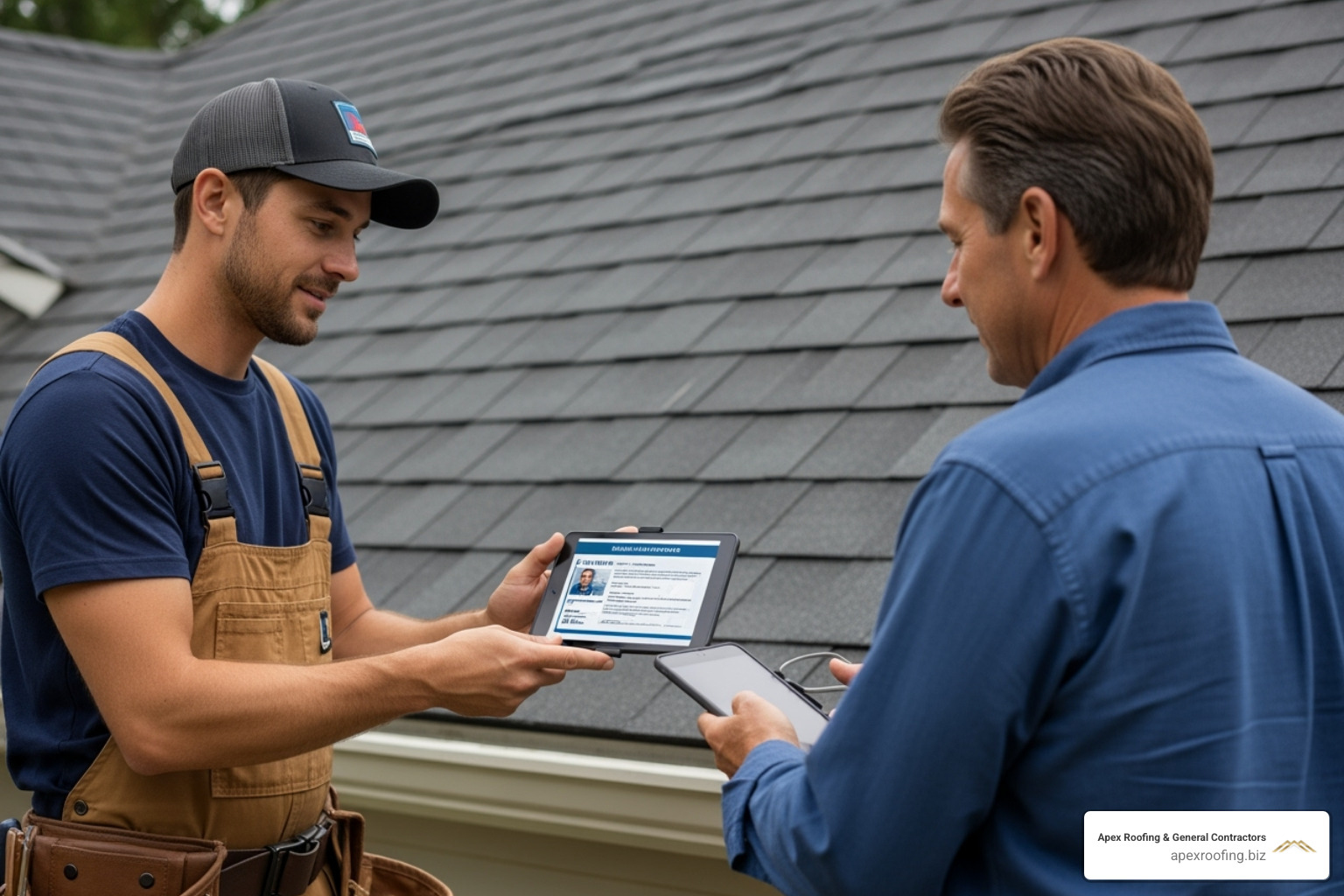 A roofer showing a homeowner a certificate or license on a tablet - San Antonio roofing company