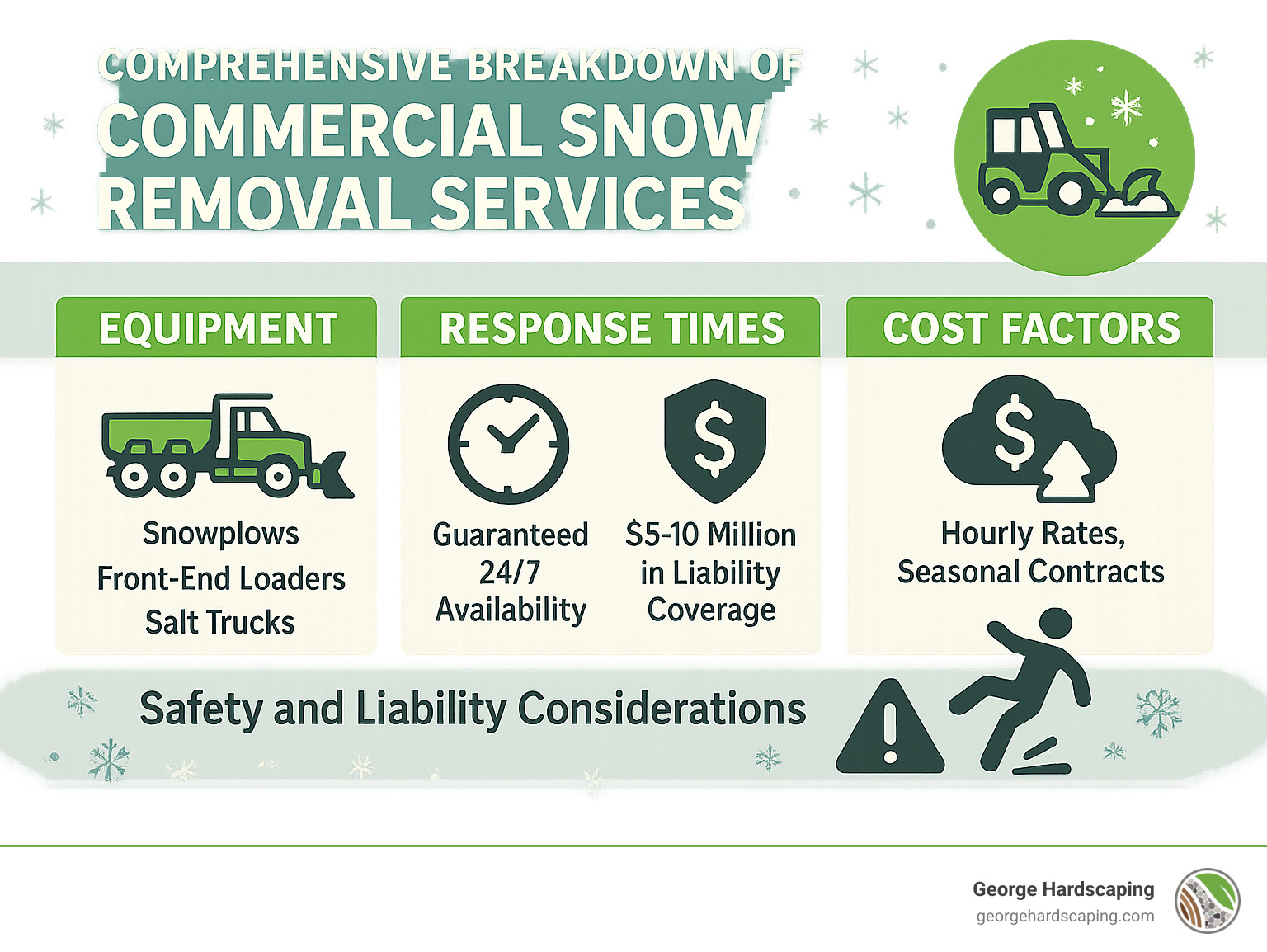 Comprehensive breakdown of commercial snow removal services including equipment types, response times, insurance requirements, and cost factors with safety and liability considerations - commercial property snow removal infographic Comprehensive breakdown of commercial snow removal services including equipment types, response times, insurance requirements, and cost factors with safety and liability considerations - commercial property snow removal infographic