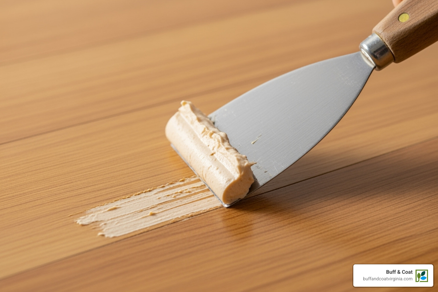 A close-up of a putty knife smoothing filler into a scratch on a hardwood floor, demonstrating precise application - hardwood floor scratch filler A close-up of a putty knife smoothing filler into a scratch on a hardwood floor, demonstrating precise application - hardwood floor scratch filler