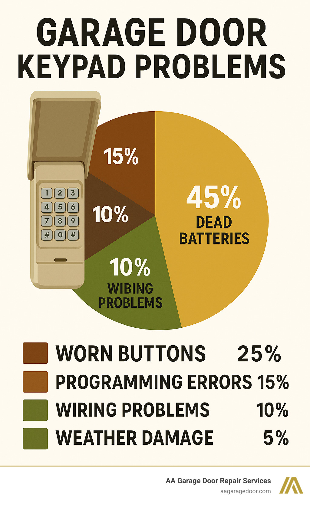 Infographic showing common garage door keypad problems including dead batteries at 45% of issues, worn buttons at 25%, programming errors at 15%, wiring problems at 10%, and weather damage at 5% - garage door keypad repair near me infographic Infographic showing common garage door keypad problems including dead batteries at 45% of issues, worn buttons at 25%, programming errors at 15%, wiring problems at 10%, and weather damage at 5% - garage door keypad repair near me infographic