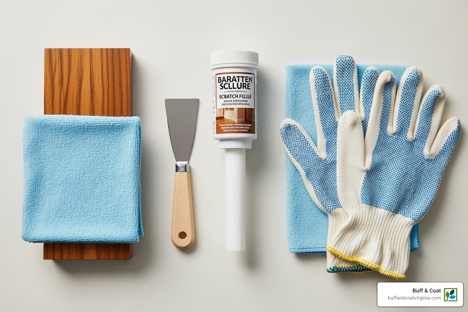 The necessary tools laid out on a clean surface: a hardwood floor scratch filler kit, a small putty knife, clean cloths, and a pair of gloves - hardwood floor scratch filler The necessary tools laid out on a clean surface: a hardwood floor scratch filler kit, a small putty knife, clean cloths, and a pair of gloves - hardwood floor scratch filler