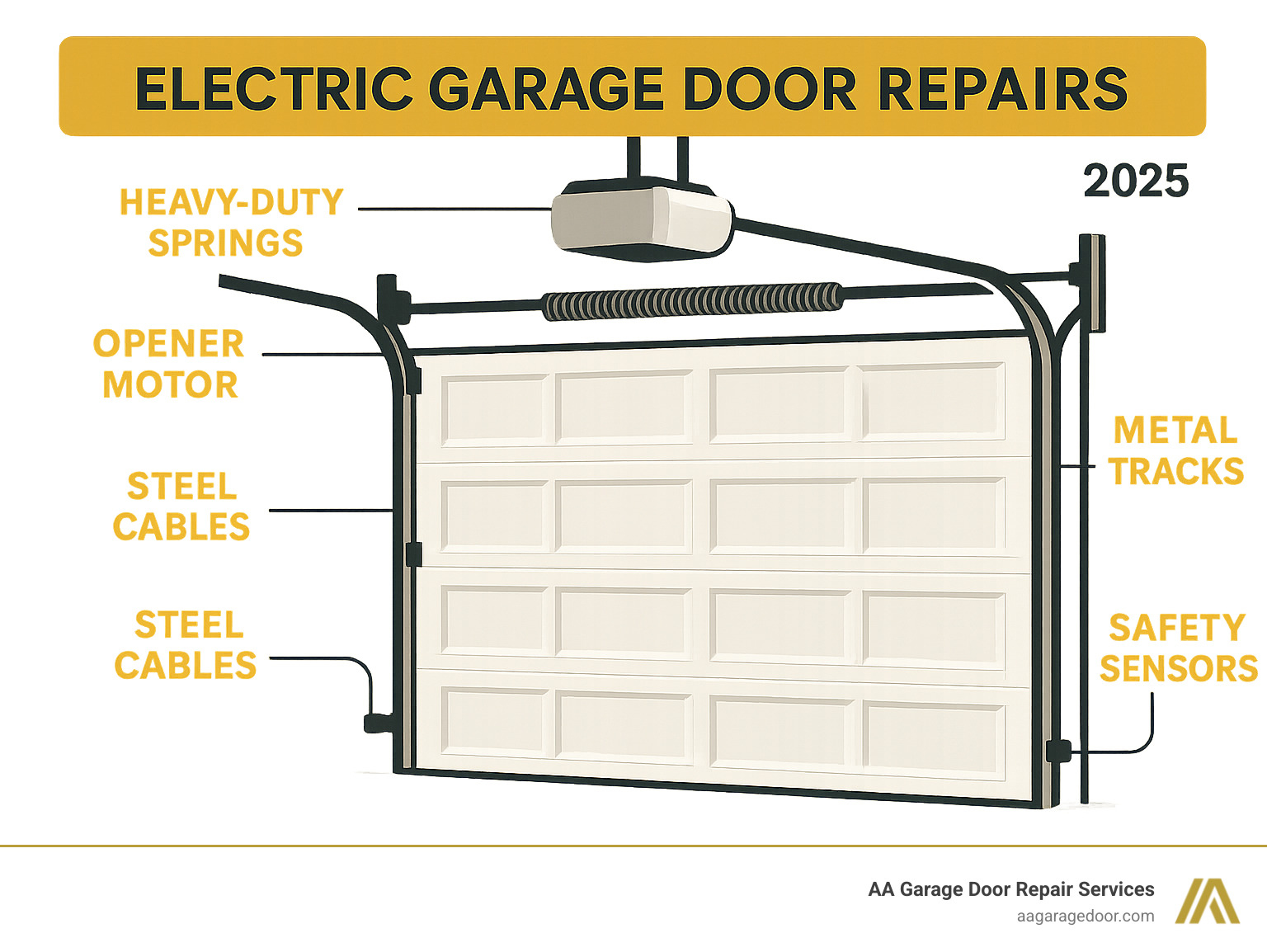 Infographic showing the main components of an electric garage door system including the opener motor mounted on the ceiling, metal tracks running vertically and horizontally, heavy-duty springs above the door, steel cables connecting to the door panels, and safety sensors positioned at the bottom of the door frame on either side - electric garage door repairs infographic  Infographic showing the main components of an electric garage door system including the opener motor mounted on the ceiling, metal tracks running vertically and horizontally, heavy-duty springs above the door, steel cables connecting to the door panels, and safety sensors positioned at the bottom of the door frame on either side - electric garage door repairs infographic