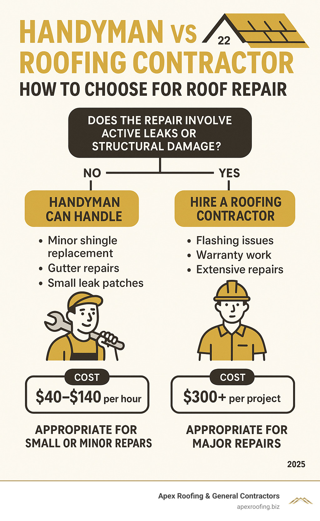 Infographic showing decision tree for choosing between handyman vs roofing contractor, including cost comparisons, typical repair types, and when each option is appropriate - roof repair handyman near me infographic 