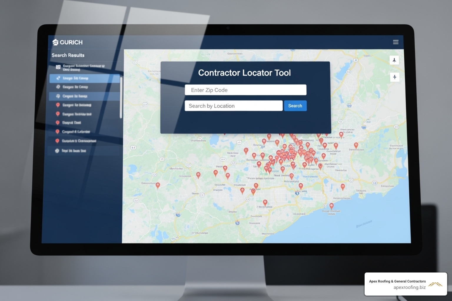 Image of a computer screen showing a manufacturer's contractor locator tool. - Certified roofing contractors