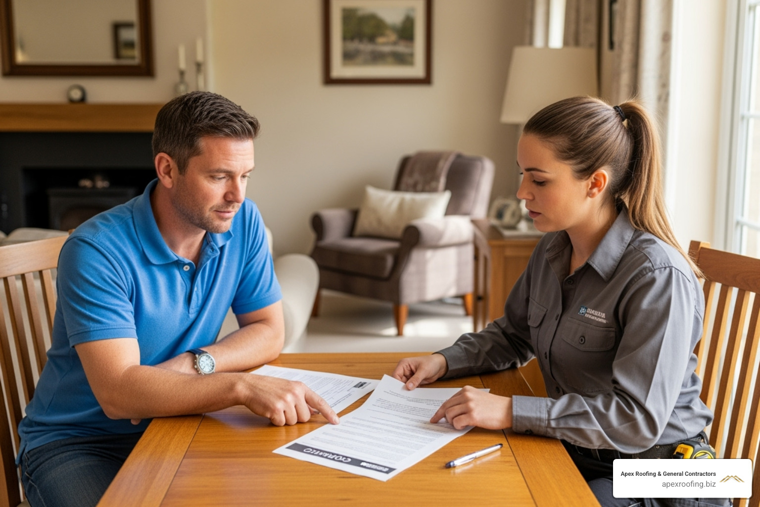 Image of a homeowner reviewing a contract with a roofer. - Certified roofing contractors