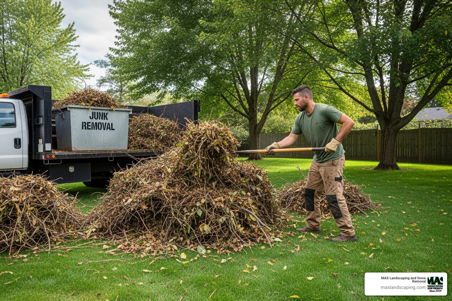 landscaper removing a large brush pile - lawn clean up prices