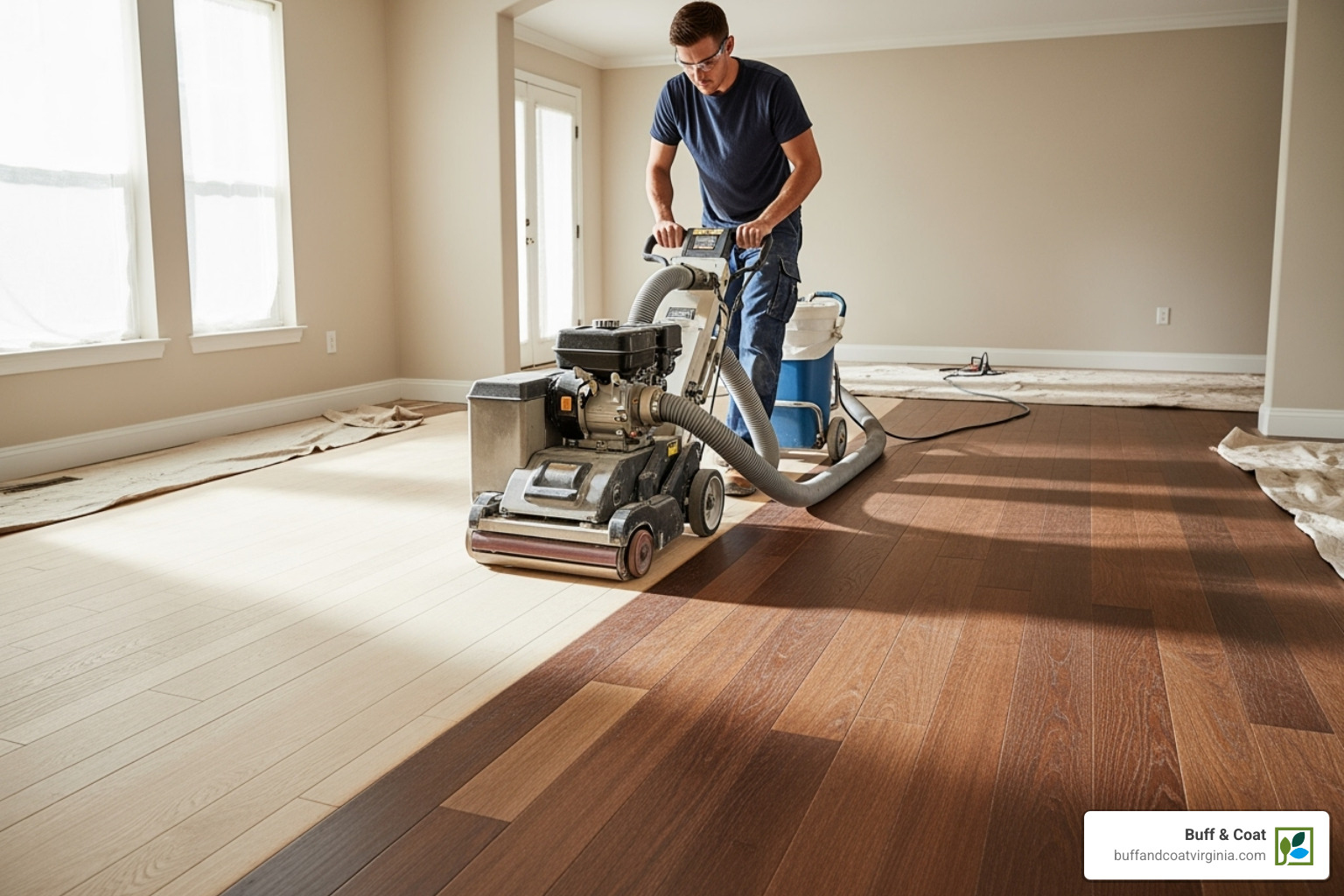 Professional using a dustless floor sander - hardwood wood floor refinishing service Professional using a dustless floor sander - hardwood wood floor refinishing service