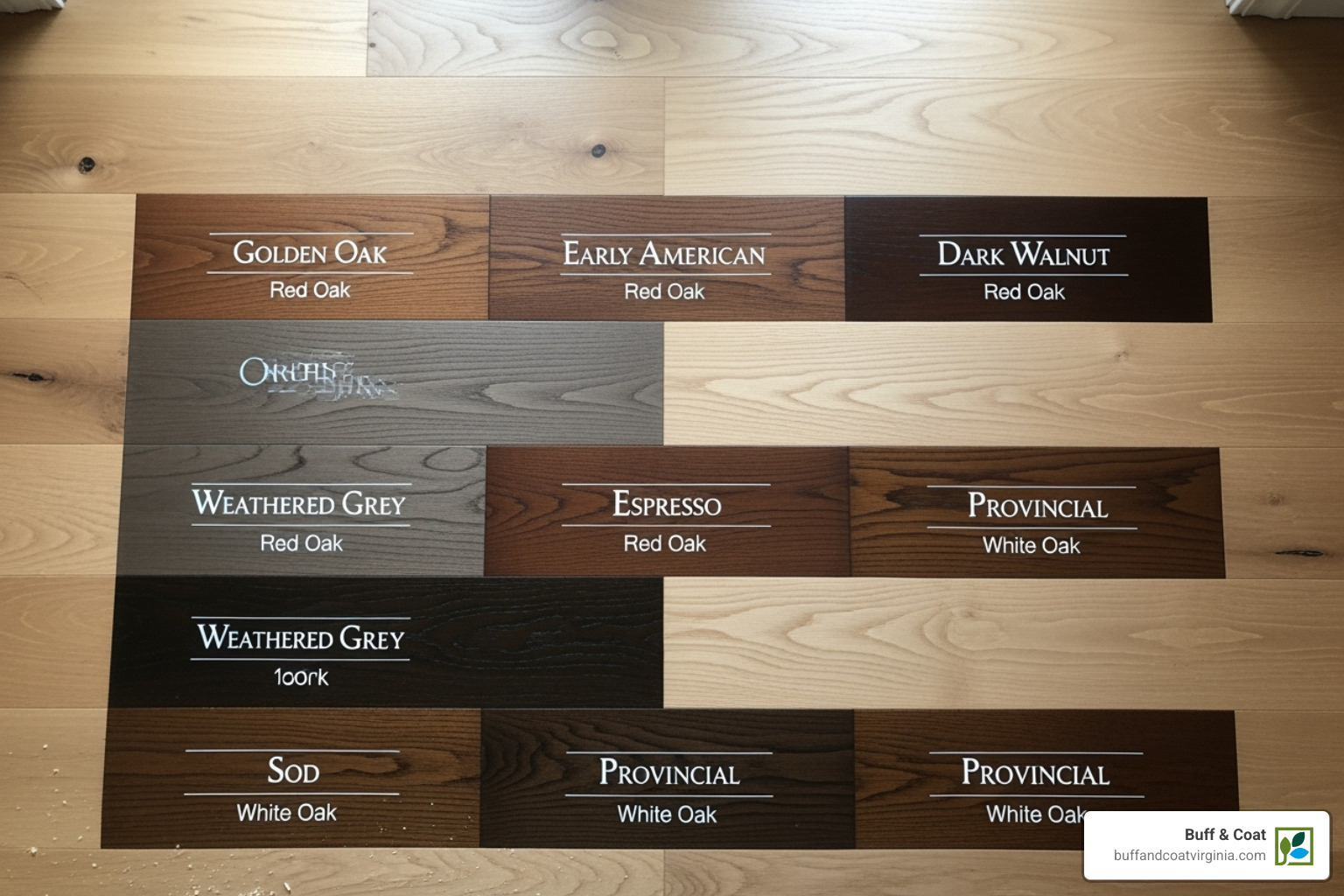Various wood stain samples applied to a sanded floor for client selection - hardwood wood floor refinishing service Various wood stain samples applied to a sanded floor for client selection - hardwood wood floor refinishing service