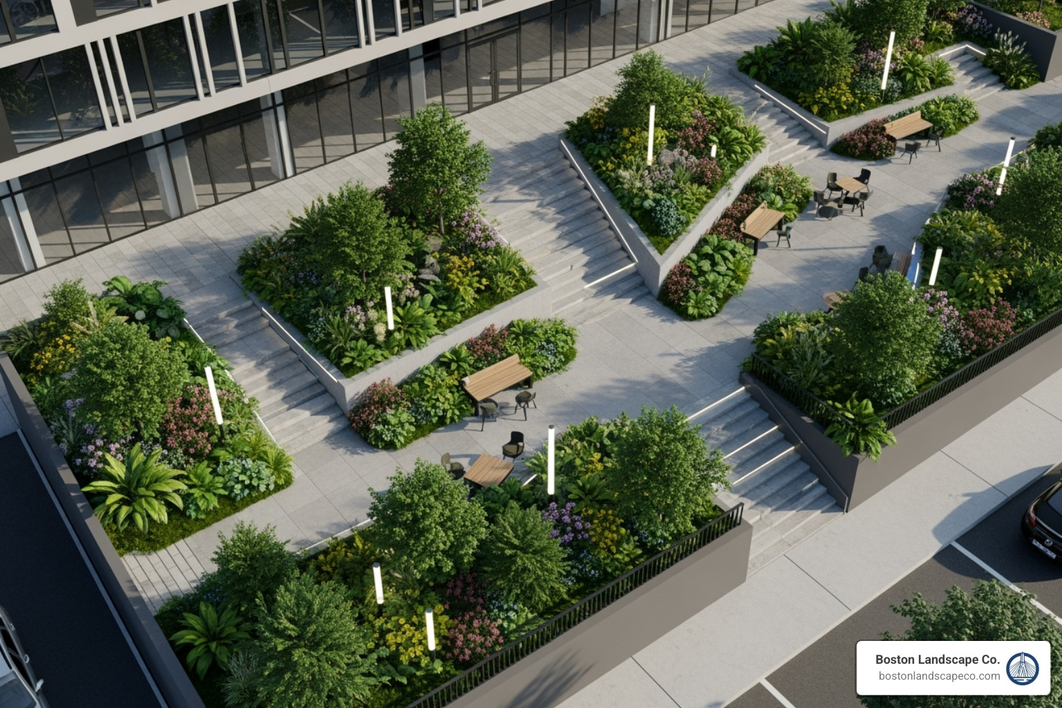 image of a 3D landscape design rendering for a commercial property - commercial building landscape