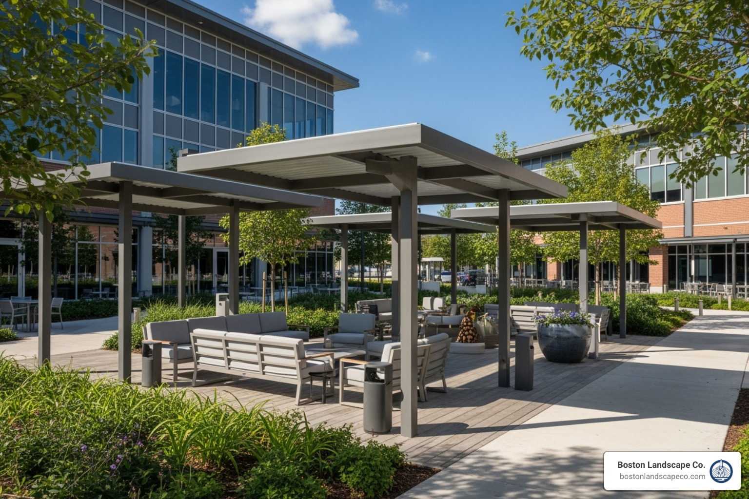 image of an inviting outdoor seating area with shade structures and comfortable furniture integrated into the landscape - commercial building landscape