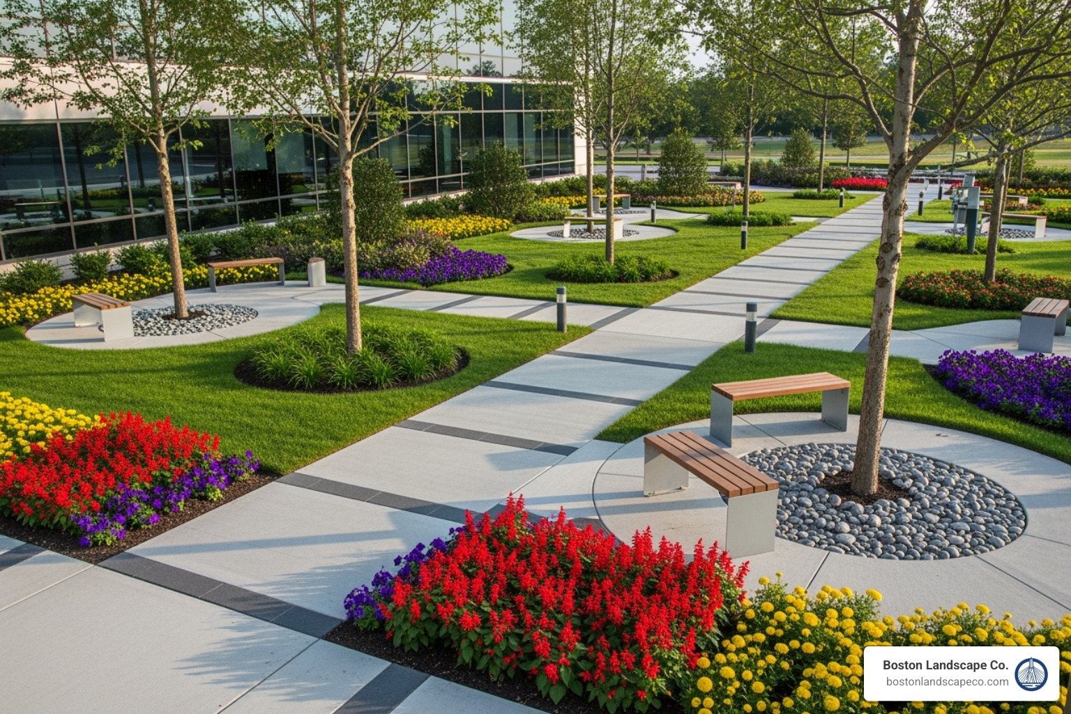 image of a landscape design that clearly shows the interplay between hardscape and softscape elements - commercial building landscape