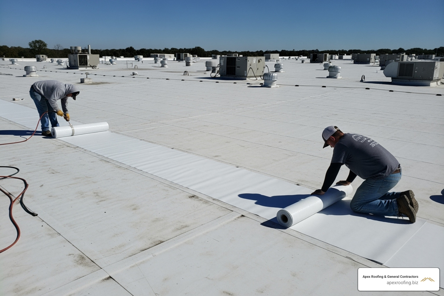 TPO membrane installation on a large flat roof - apartment roofing contractors