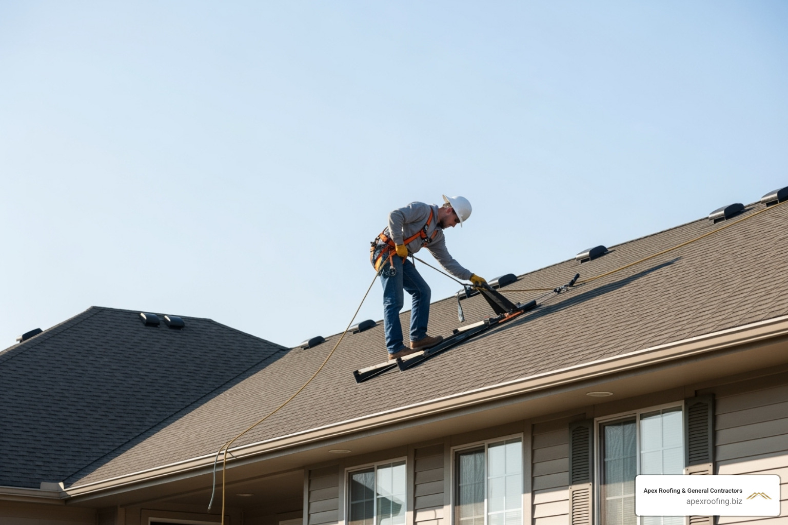 Roofer conducting a detailed roof inspection on an apartment building - apartment roofing contractors