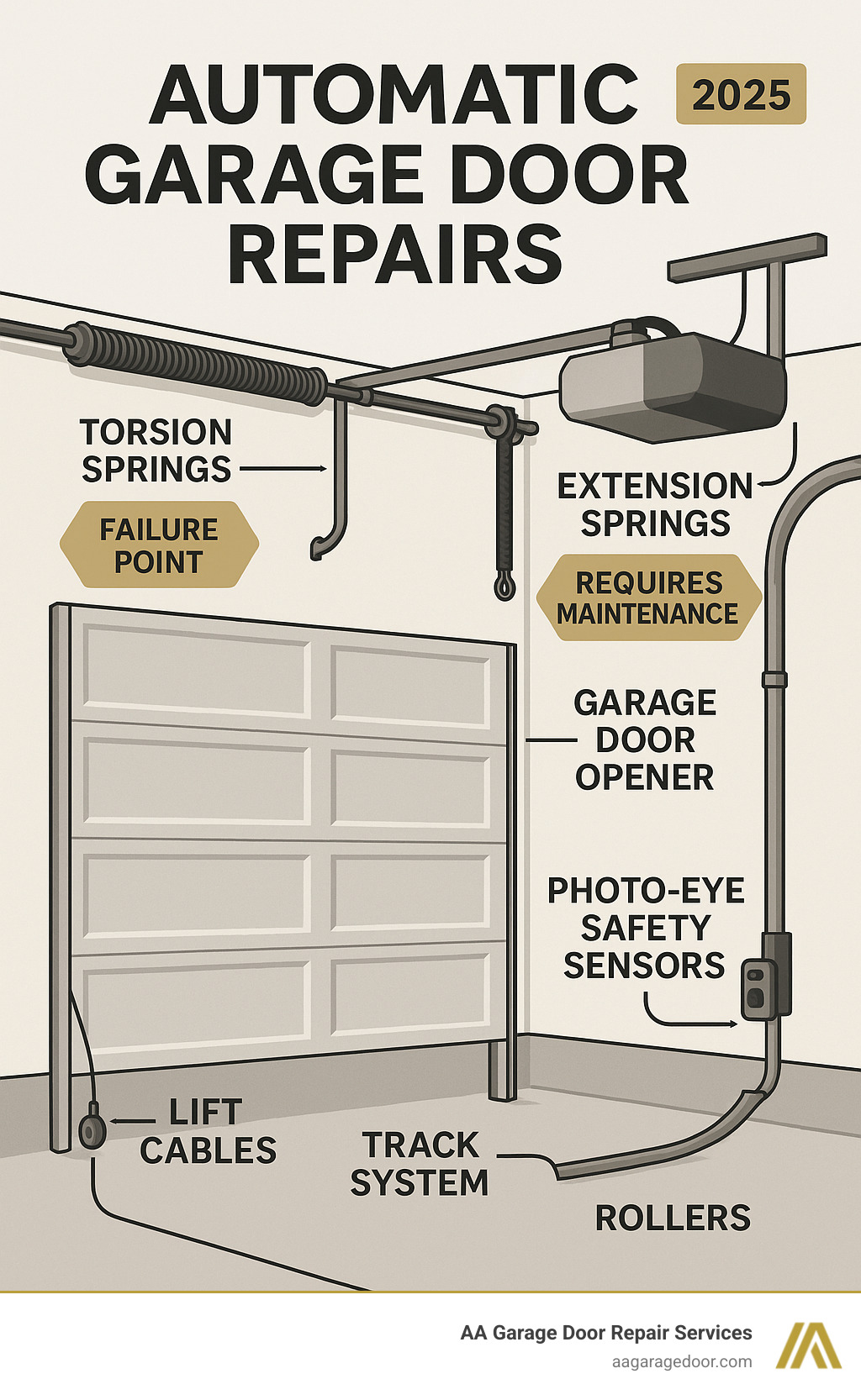 Comprehensive infographic showing automatic garage door system components including torsion springs, extension springs, garage door opener motor, photo-eye safety sensors, lift cables, track system, and rollers with labels indicating common failure points and maintenance requirements - automatic garage door repairs infographic  Comprehensive infographic showing automatic garage door system components including torsion springs, extension springs, garage door opener motor, photo-eye safety sensors, lift cables, track system, and rollers with labels indicating common failure points and maintenance requirements - automatic garage door repairs infographic