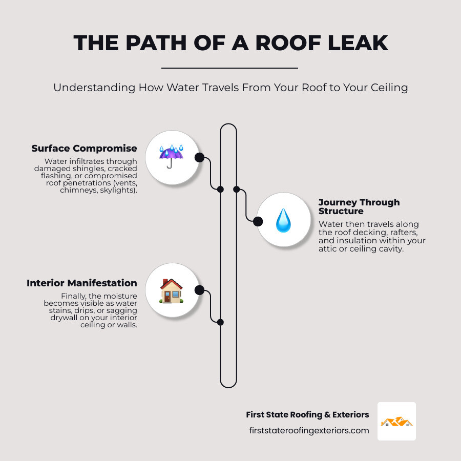 Infographic explaining the path of a roof leak from shingle to ceiling - Leaky roof fix infographic infographic-line-3-steps-neat_beige