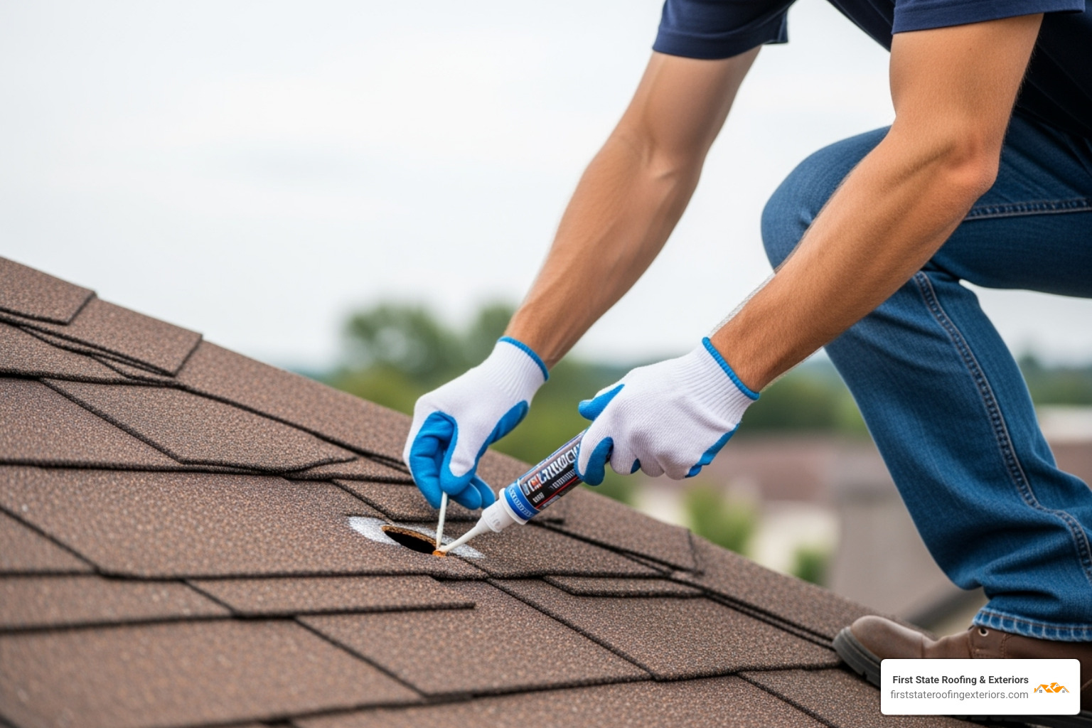 a homeowner safely applying sealant to a small hole on a roof - Leaky roof fix