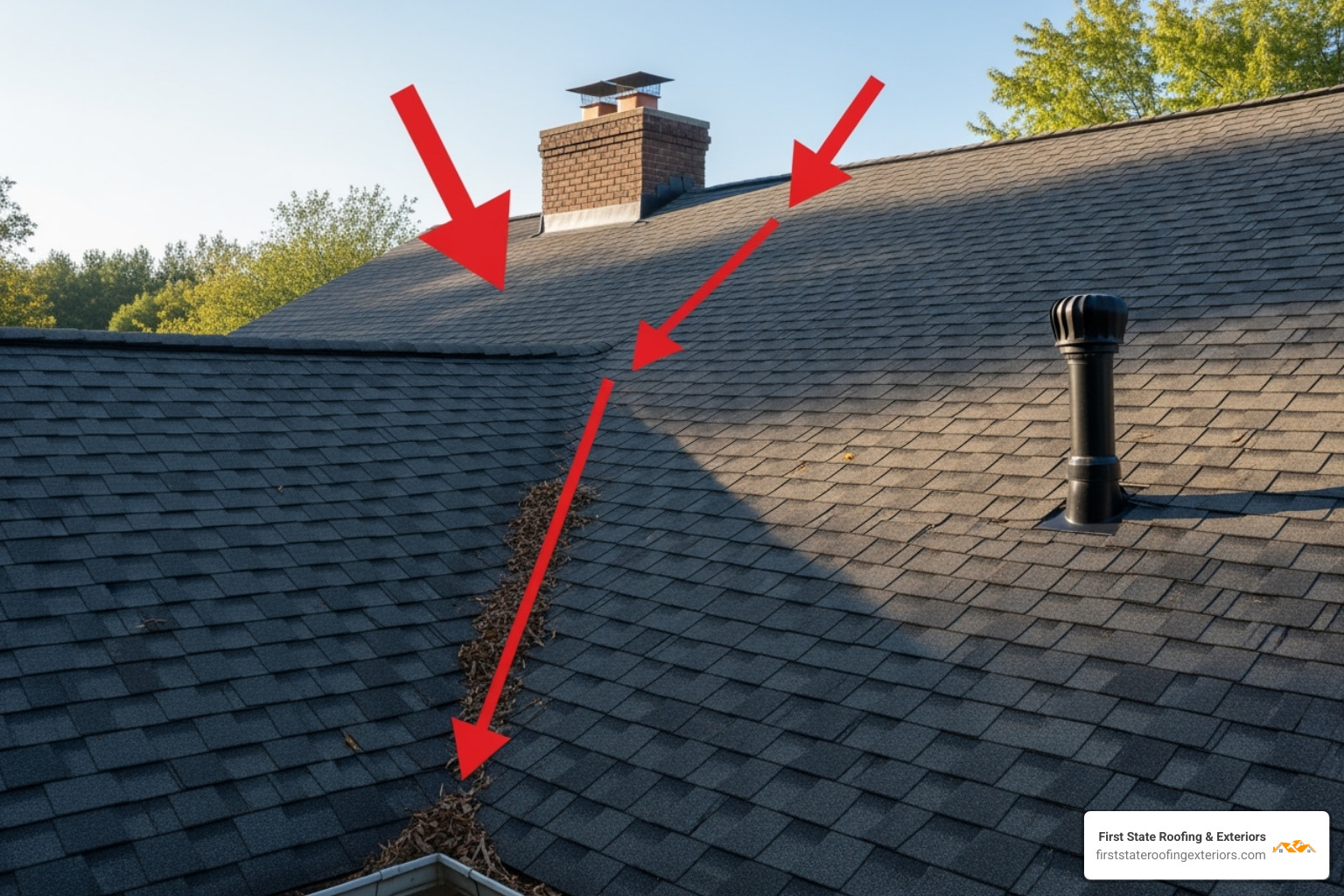a roof with arrows pointing to a chimney, vent pipe, and valley - Leaky roof fix