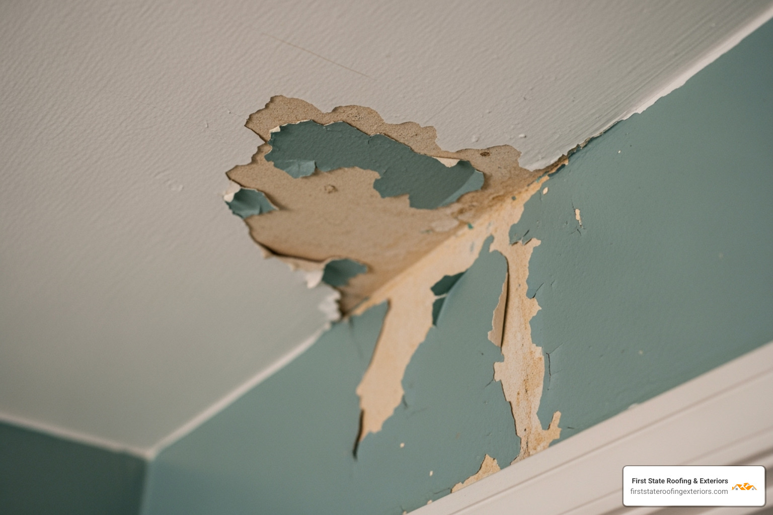 peeling paint on a wall near the ceiling - Leaky roof fix