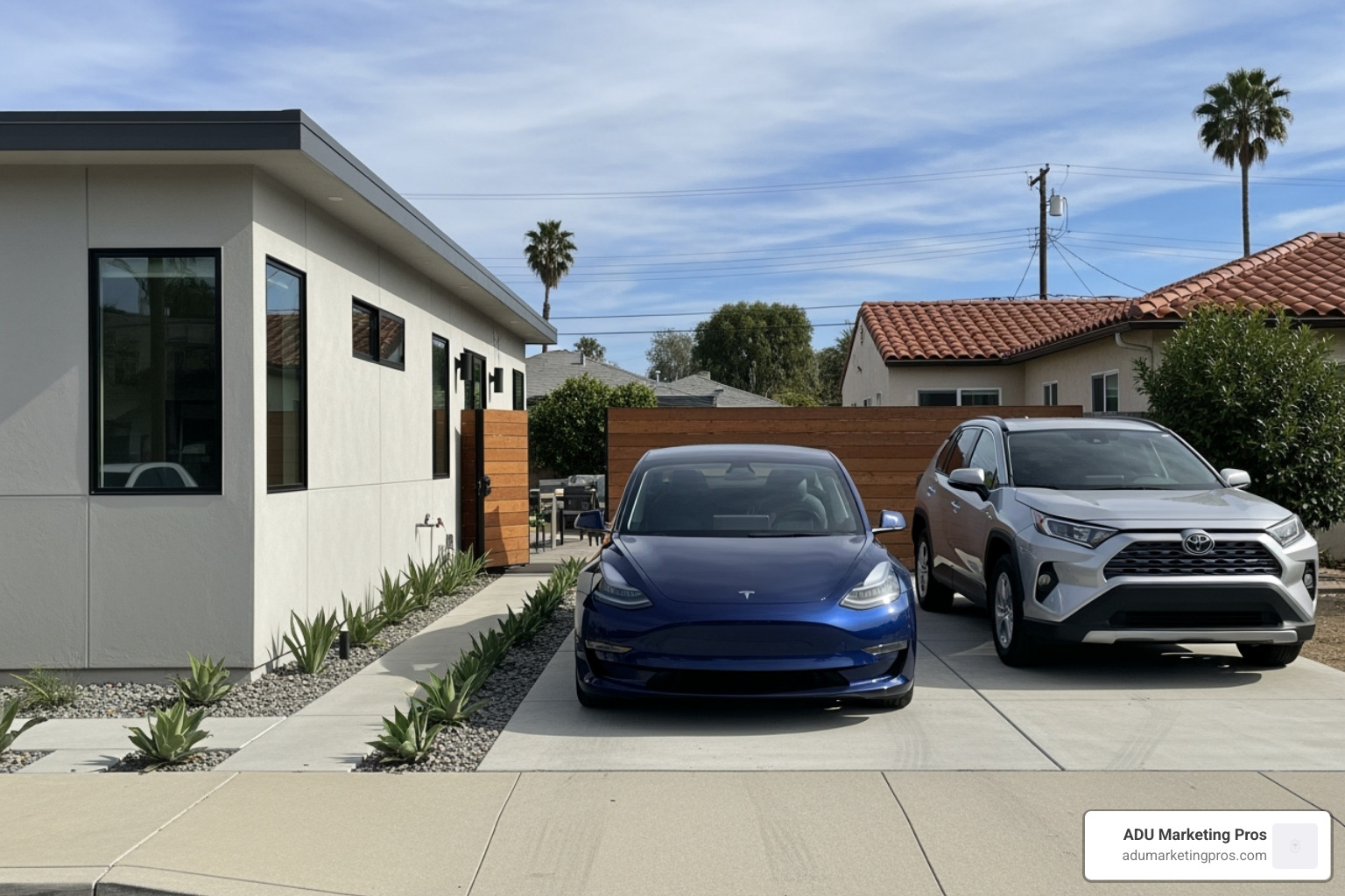 Tandem parking setup in a driveway next to an ADU - parking for adu san diego