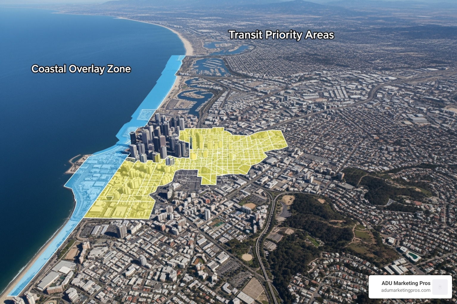 Map highlighting San Diego's Coastal Overlay Zone and Transit Priority Areas - parking for adu san diego