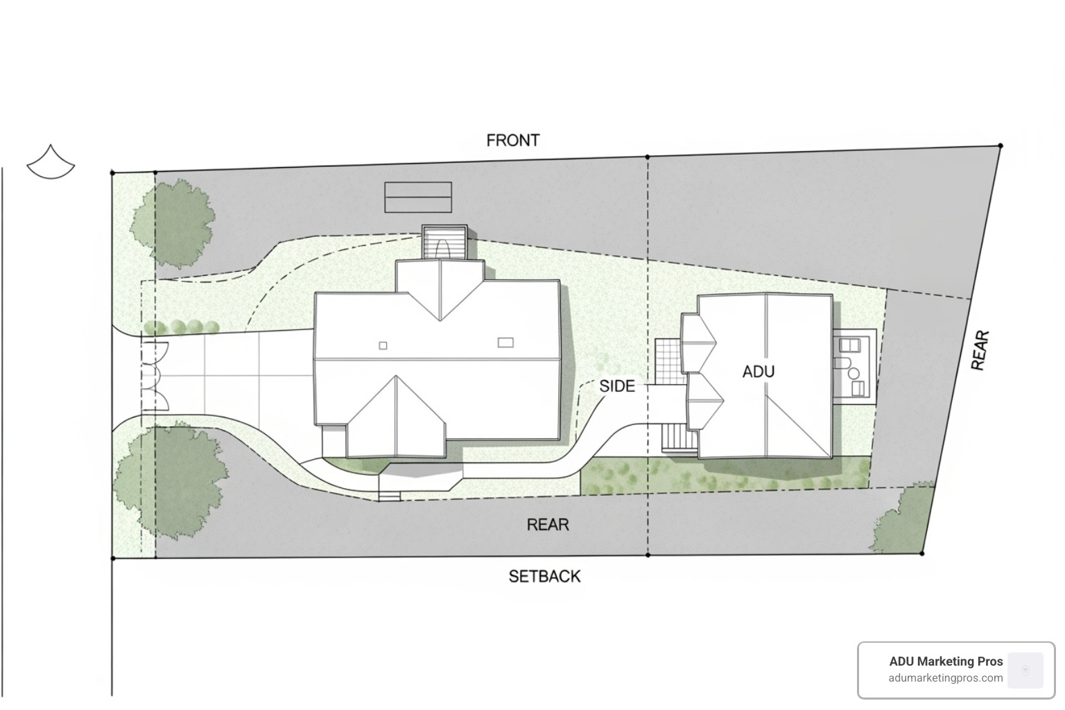 Diagram illustrating side, rear, and front yard setbacks for an ADU - san diego adu laws