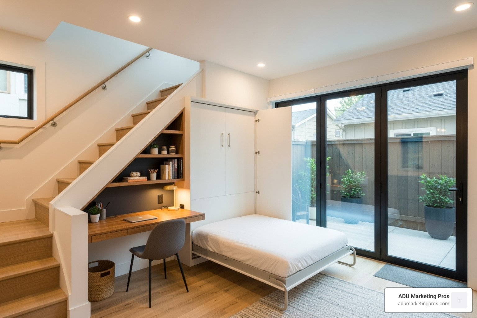 A cleverly designed ADU interior, featuring a built-in desk under a staircase, a Murphy bed, and large glass doors opening to a private patio, maximizing both space and light. - adu architect los angeles