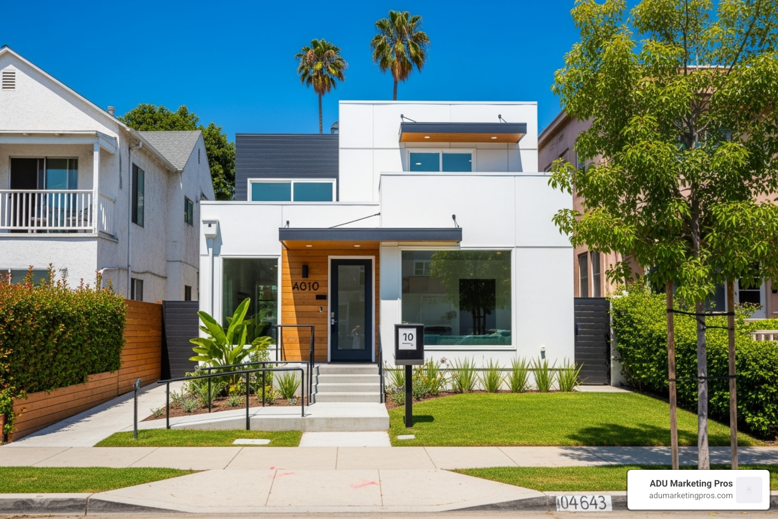 The award-winning "YOU-ADU" project by Lehrer Architects, featuring clean lines, accessible design, and a welcoming entryway, set in a vibrant LA neighborhood. - adu architect los angeles