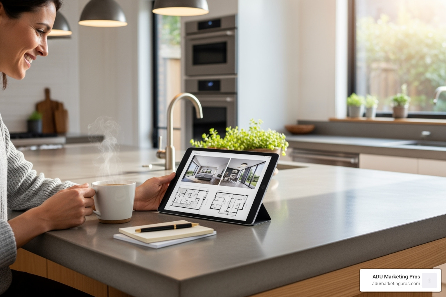 A homeowner smiling as they review an architect's digital portfolio on a tablet, seated at a kitchen island with coffee and notes. - adu architect los angeles