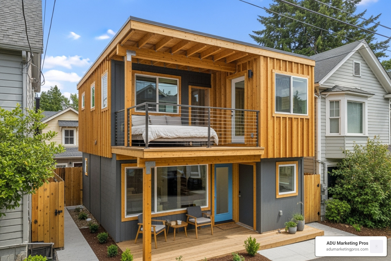 The architecturally distinct Avenue 49 ADU by ARA-la Studio, highlighting its split-level layout, exposed wood framing, and creative use of a compact lot. - adu architect los angeles