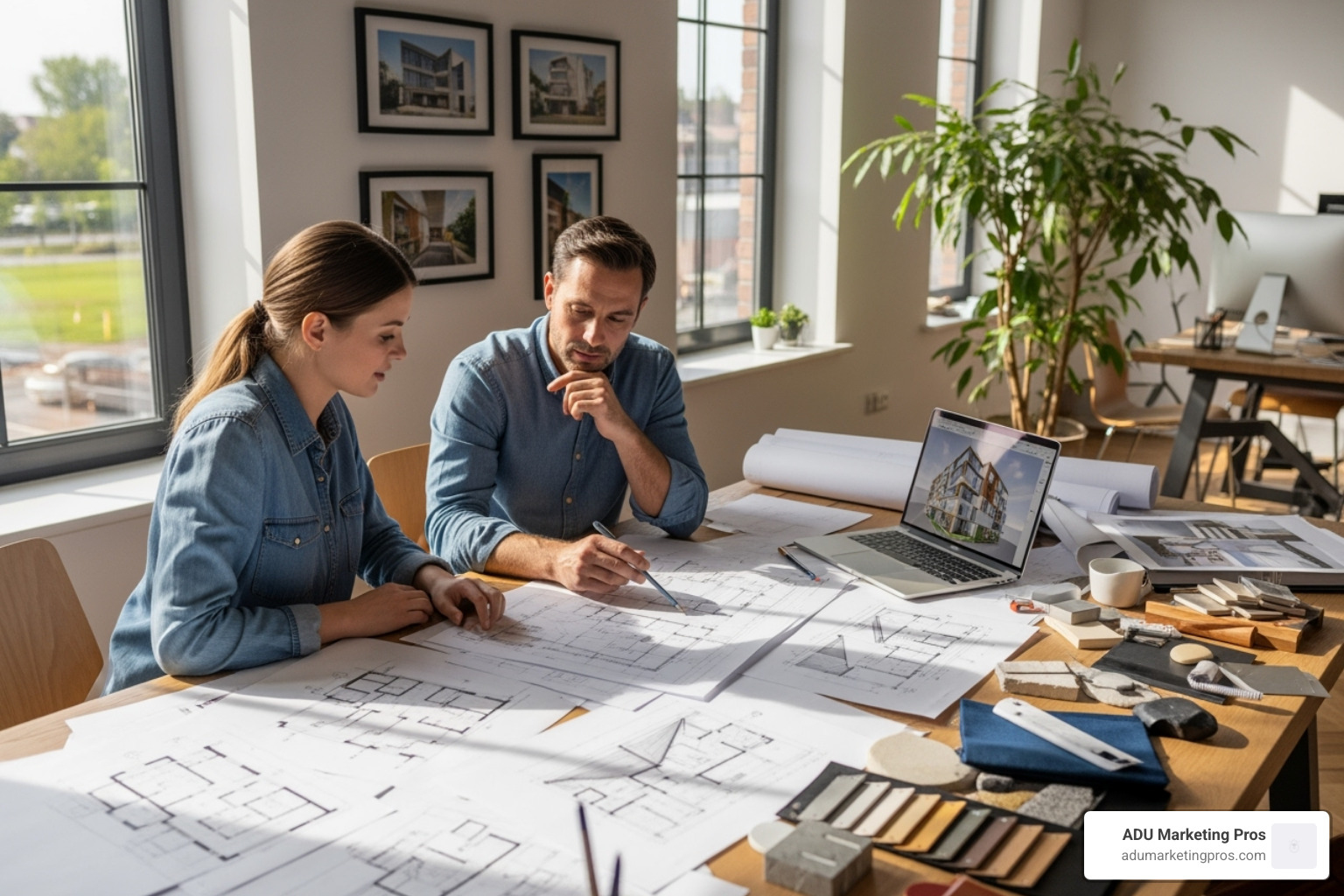 An architect and homeowner collaborating over detailed blueprints in a sunlit, modern office, with design sketches and material samples on the table. - adu architect los angeles